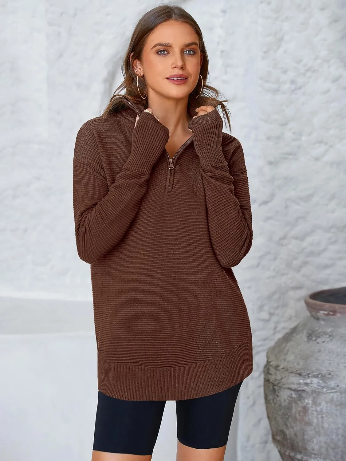 PRETTYGARDEN Womens Long Sleeve Quarter Zip Pullover Sweater Casual Loose V Neck Collared Ribbed Knit Jumper Tops Thumb Hole