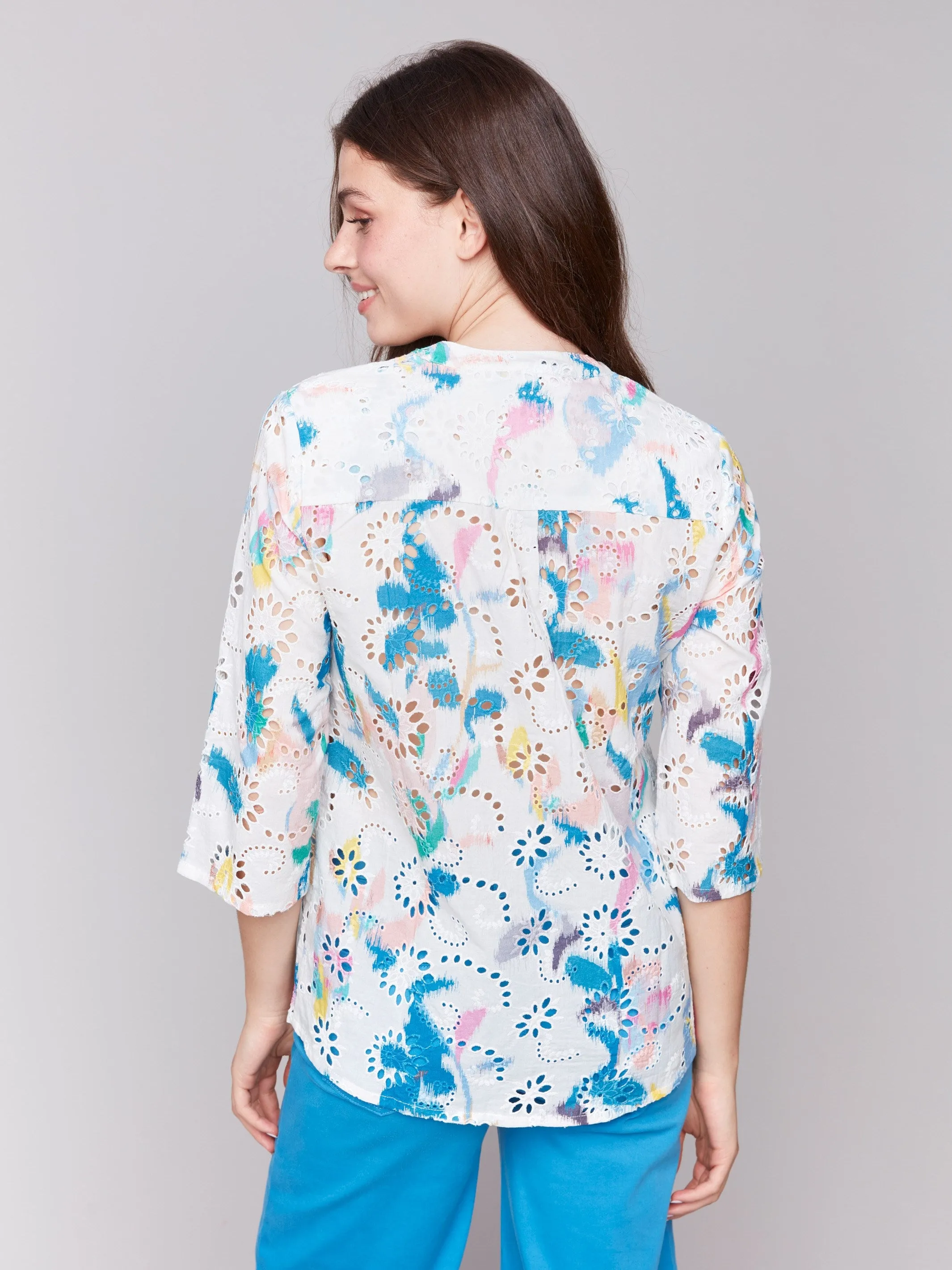 Printed Cotton Eyelet Half-Button Blouse - Paradise