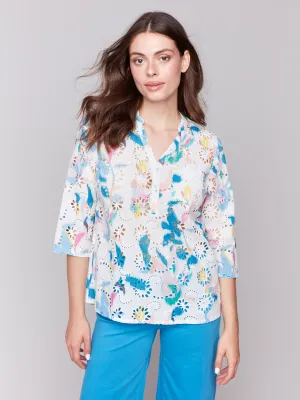 Printed Cotton Eyelet Half-Button Blouse - Paradise