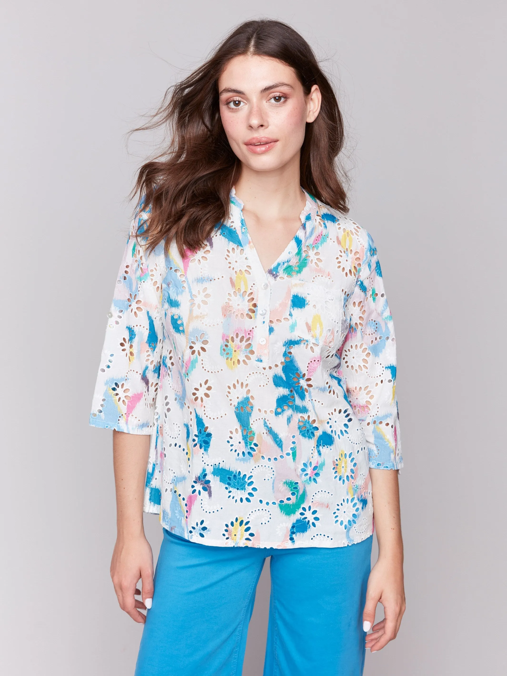 Printed Cotton Eyelet Half-Button Blouse - Paradise
