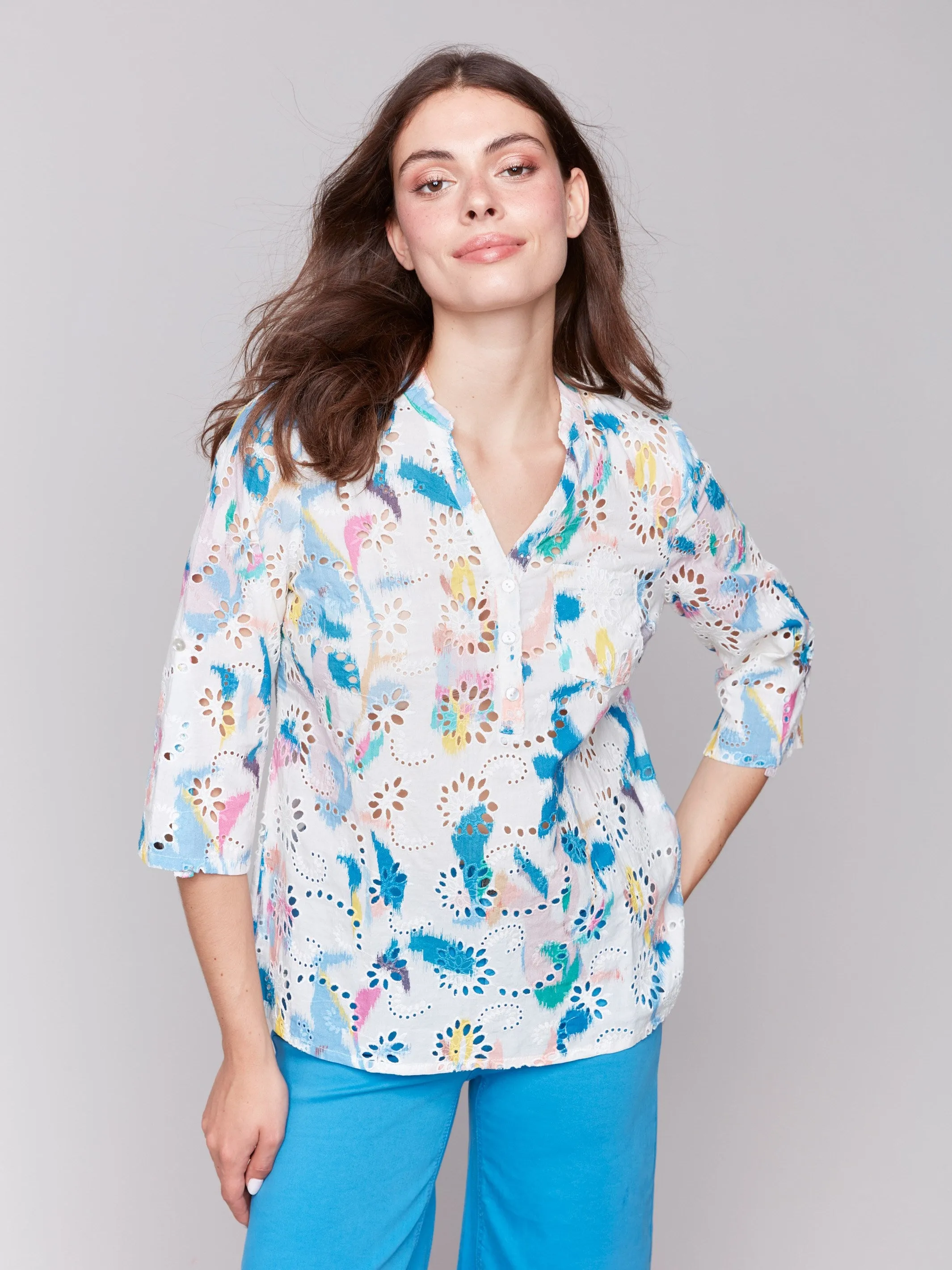 Printed Cotton Eyelet Half-Button Blouse - Paradise