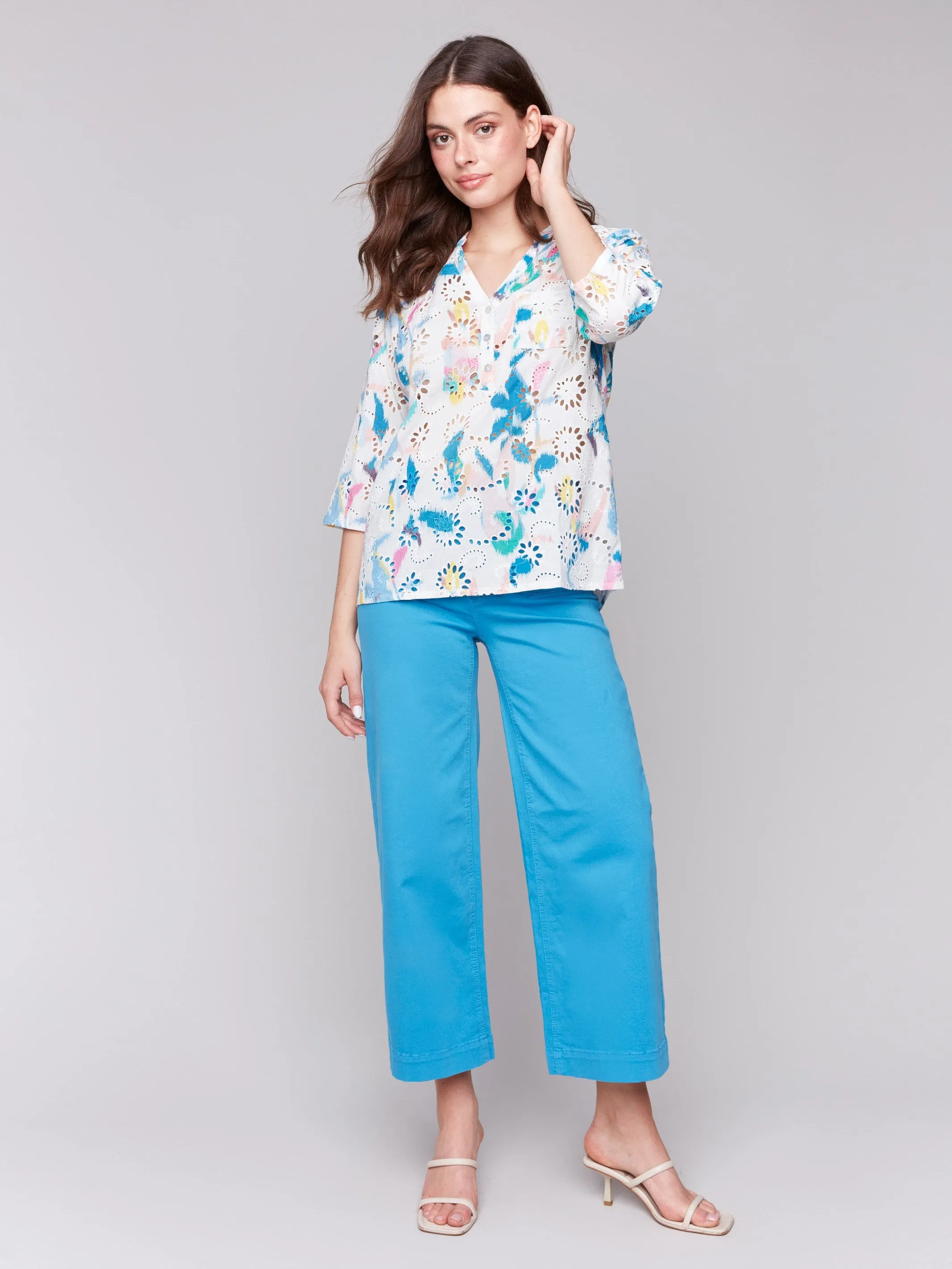 Printed Cotton Eyelet Half-Button Blouse - Paradise