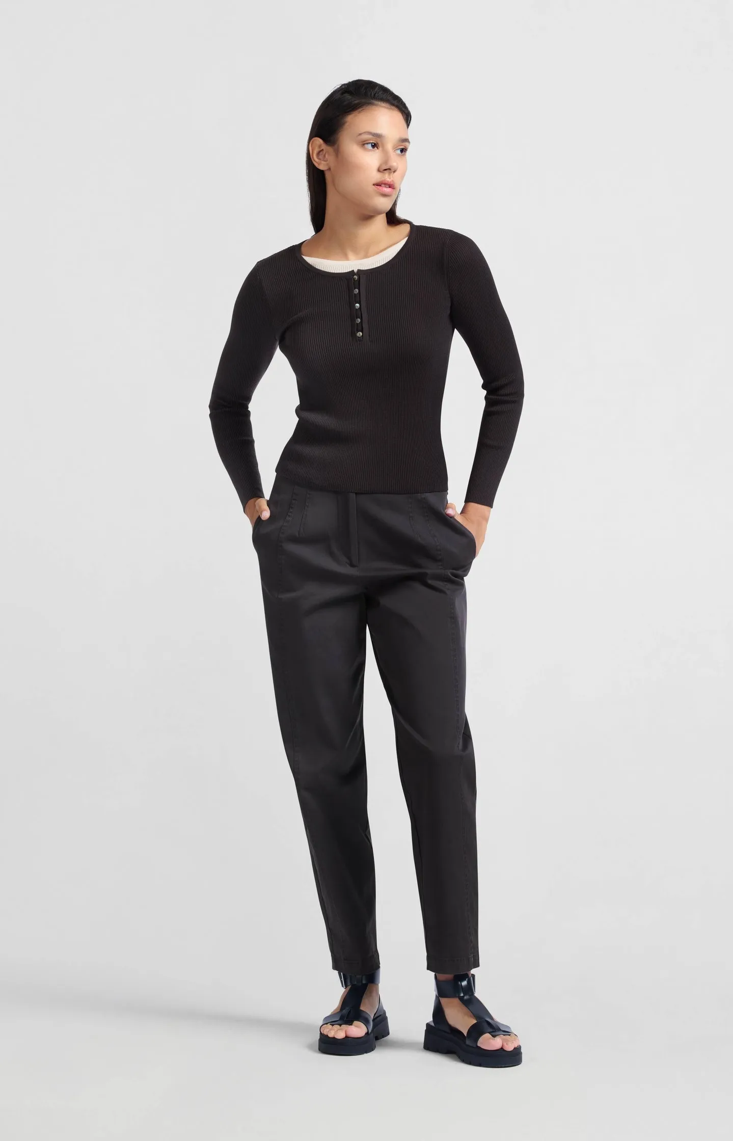 Ribbed top with button placket and faux-layered look