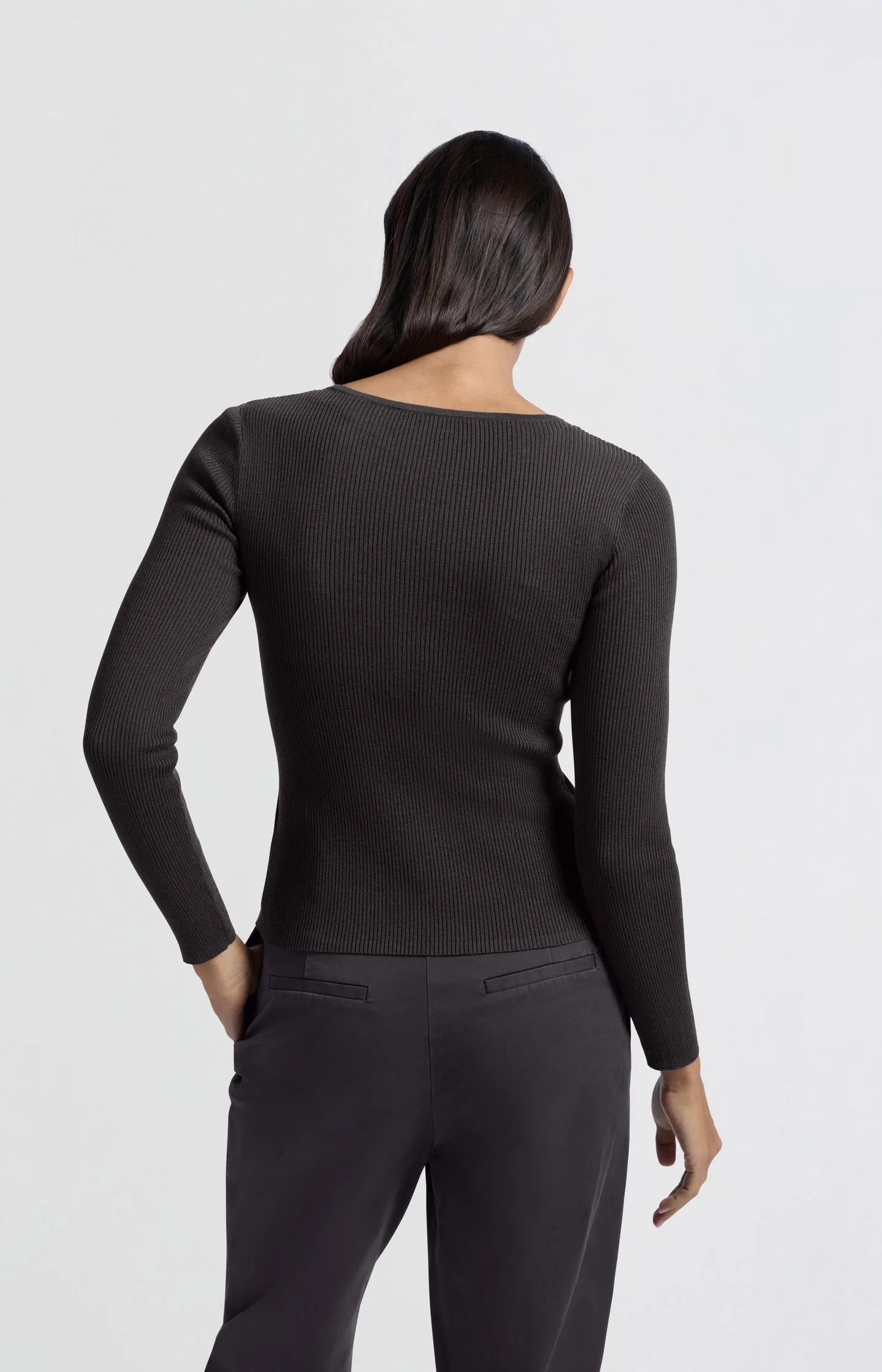 Ribbed top with button placket and faux-layered look