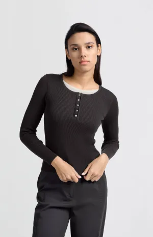 Ribbed top with button placket and faux-layered look