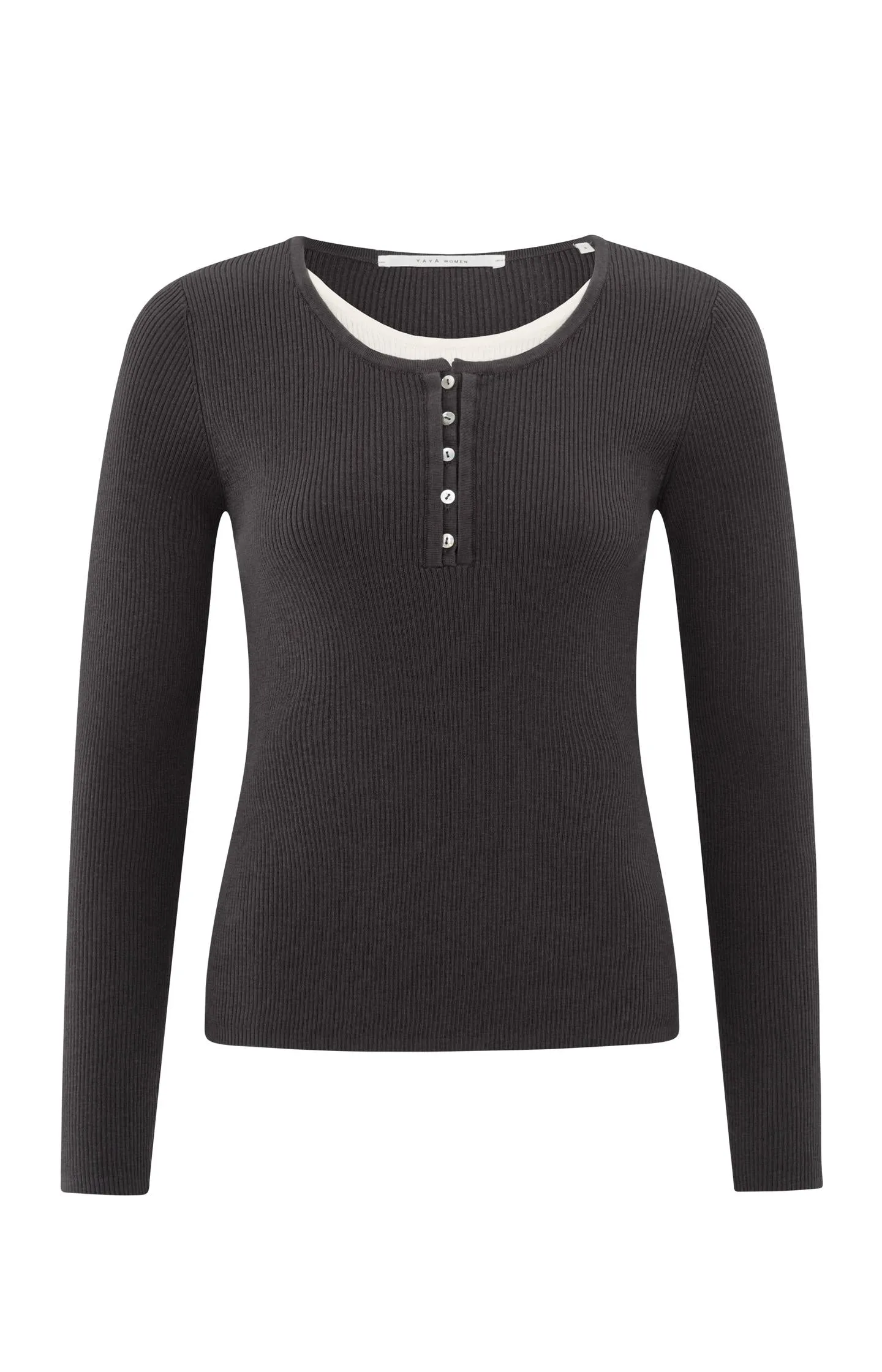 Ribbed top with button placket and faux-layered look