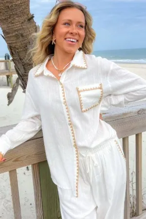 Sandy White & Taupe Embroidered Button Down Top