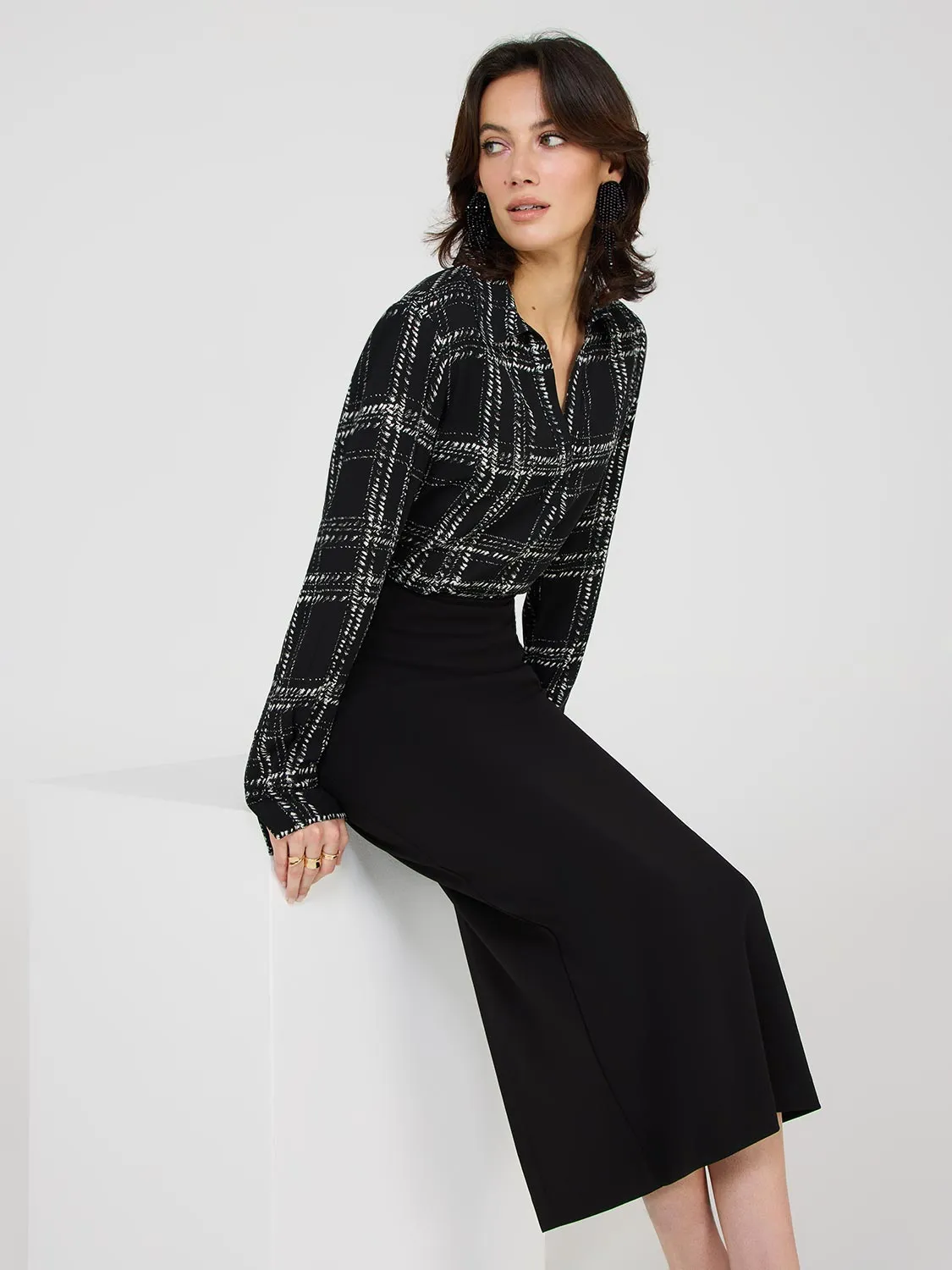 Satin Plaid Johnny Collar Popover Blouse