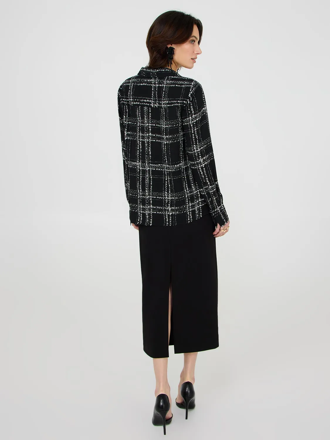 Satin Plaid Johnny Collar Popover Blouse