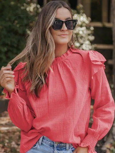 Seize The Day Mock Neck Ruffle Long Sleeve Blouse