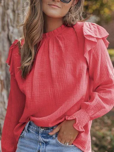 Seize The Day Mock Neck Ruffle Long Sleeve Blouse