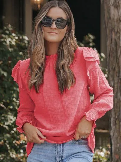 Seize The Day Mock Neck Ruffle Long Sleeve Blouse