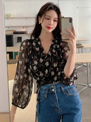 SHEIN DAZY Floral Print Lantern Sleeve Wrap Detail Blouse