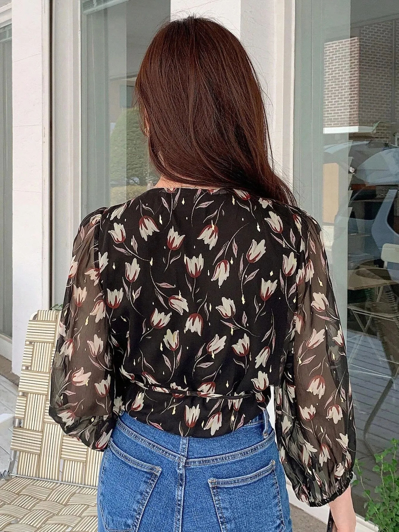 SHEIN DAZY Floral Print Lantern Sleeve Wrap Detail Blouse