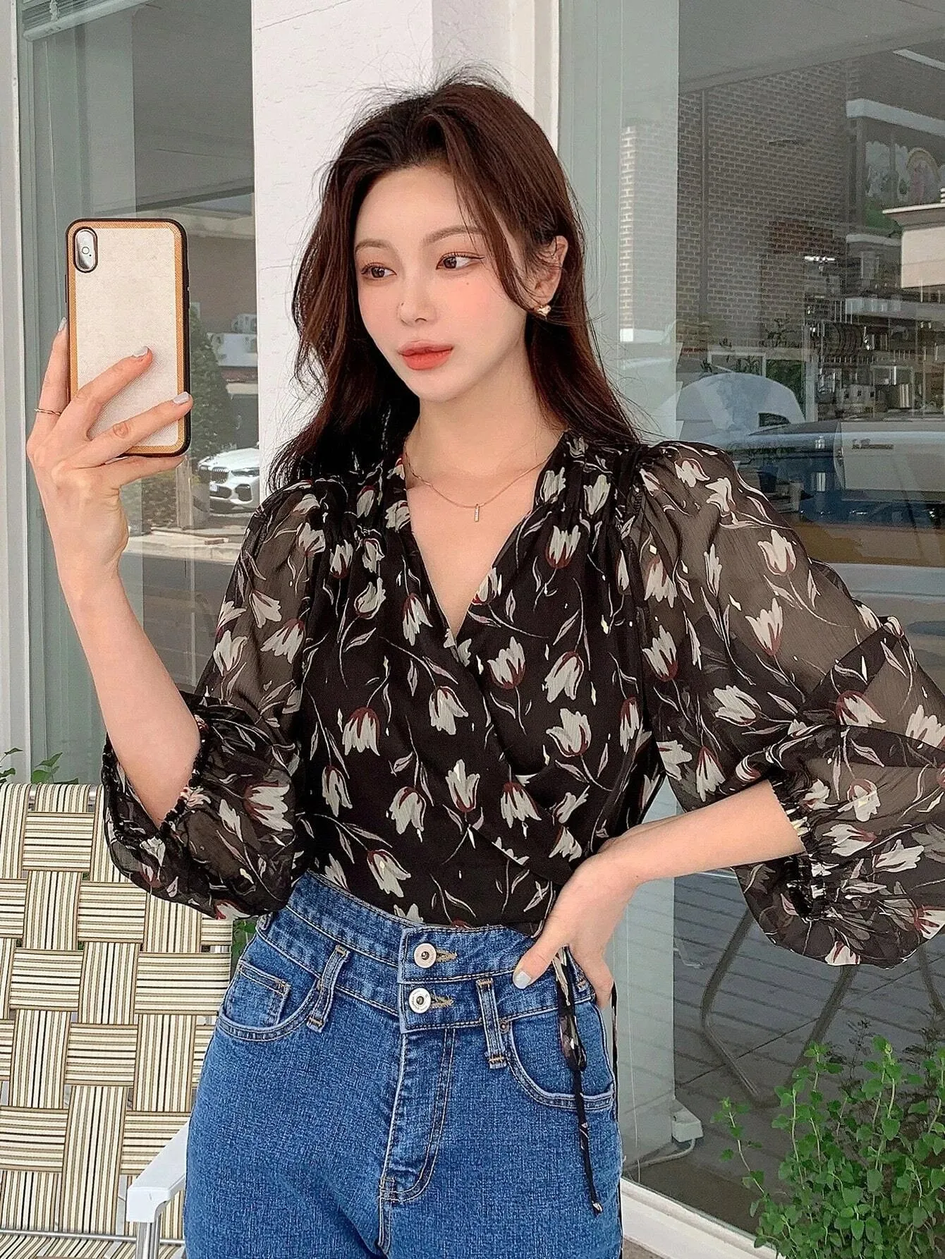 SHEIN DAZY Floral Print Lantern Sleeve Wrap Detail Blouse