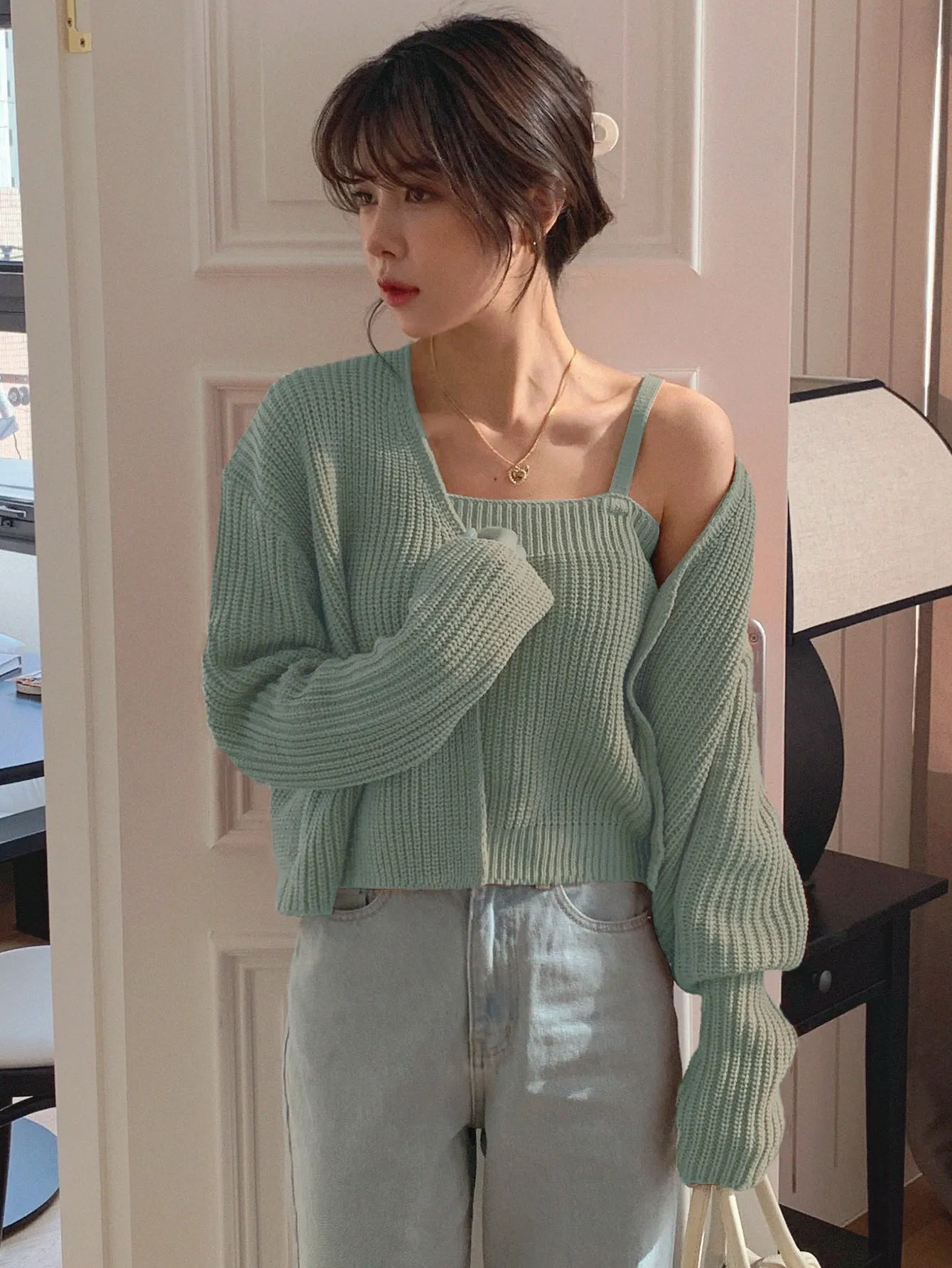 SHEIN DAZY Solid Ribbed Cami Knit Top & Drop Shoulder Duster Cardigan