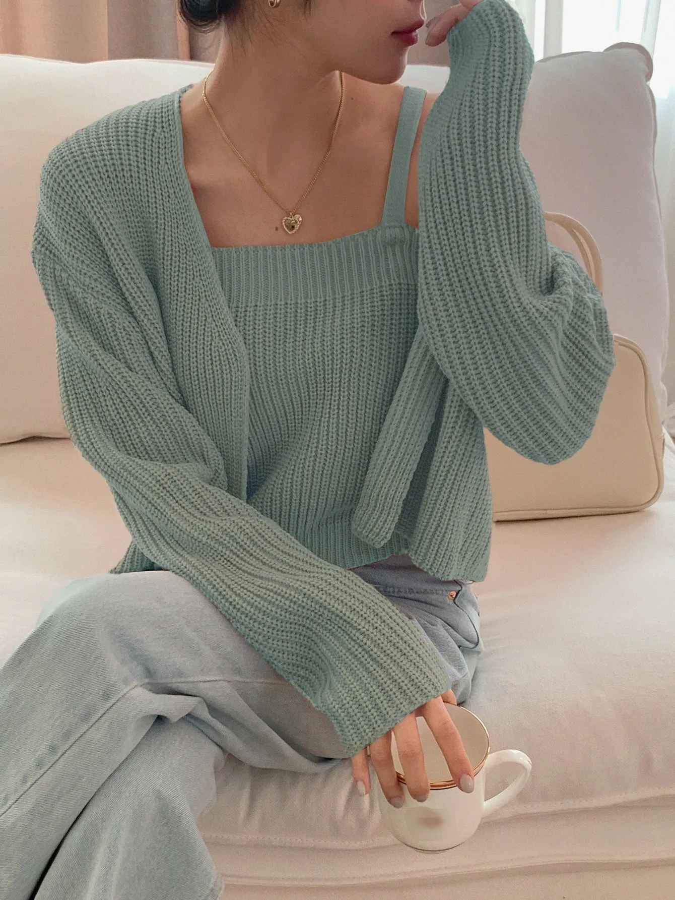 SHEIN DAZY Solid Ribbed Cami Knit Top & Drop Shoulder Duster Cardigan