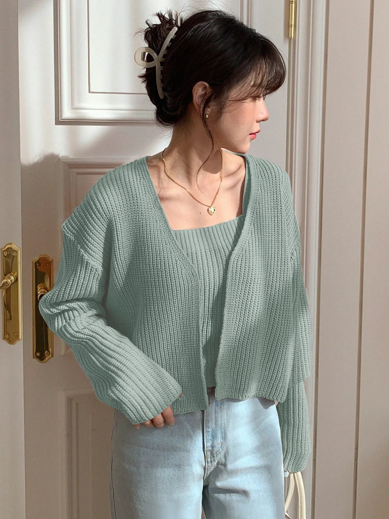 SHEIN DAZY Solid Ribbed Cami Knit Top & Drop Shoulder Duster Cardigan