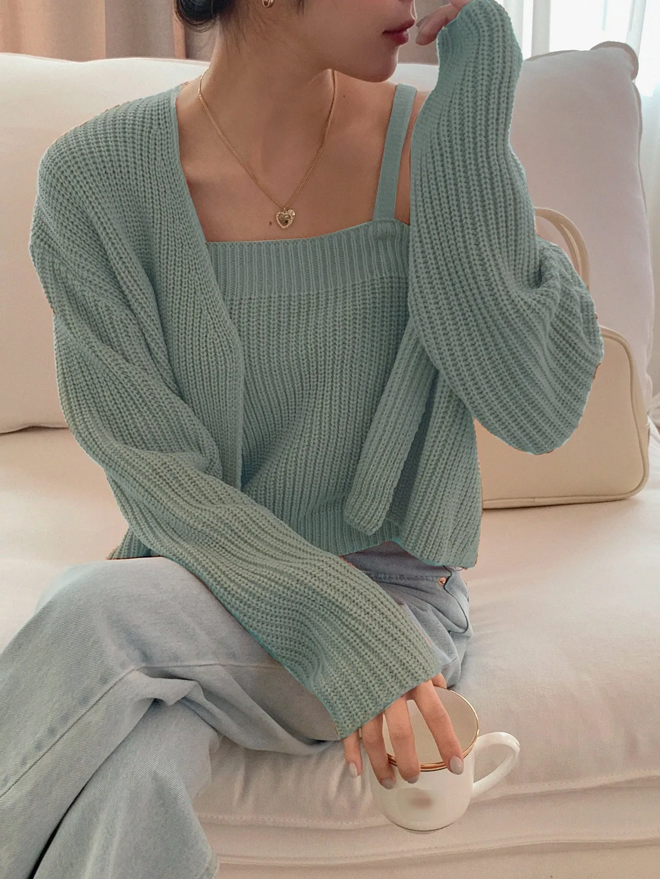 SHEIN DAZY Solid Ribbed Cami Knit Top & Drop Shoulder Duster Cardigan