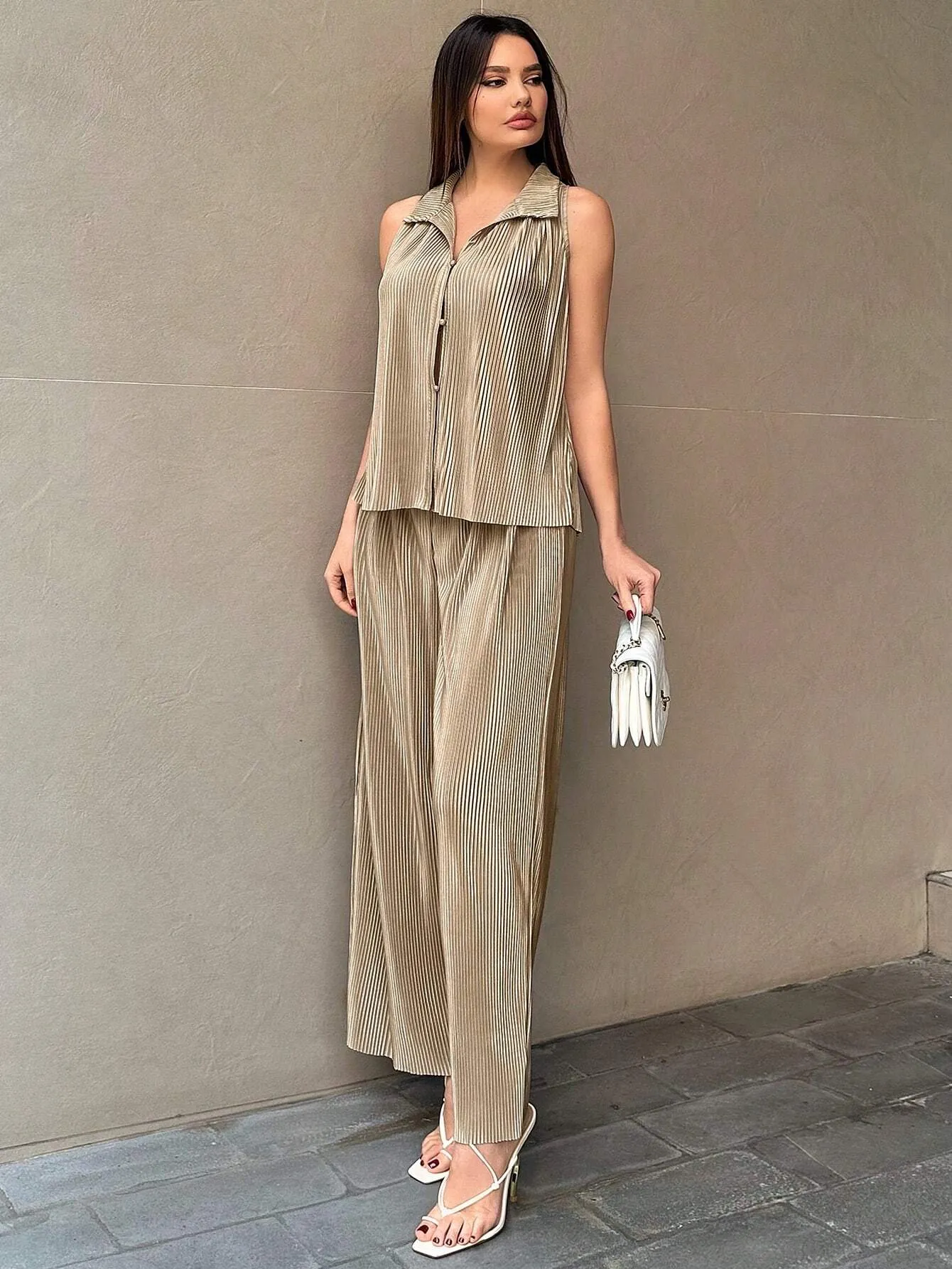 SHEIN Essnce Women's Button Front Sleeveless Top And Wide Leg Pants 2pcs/Set