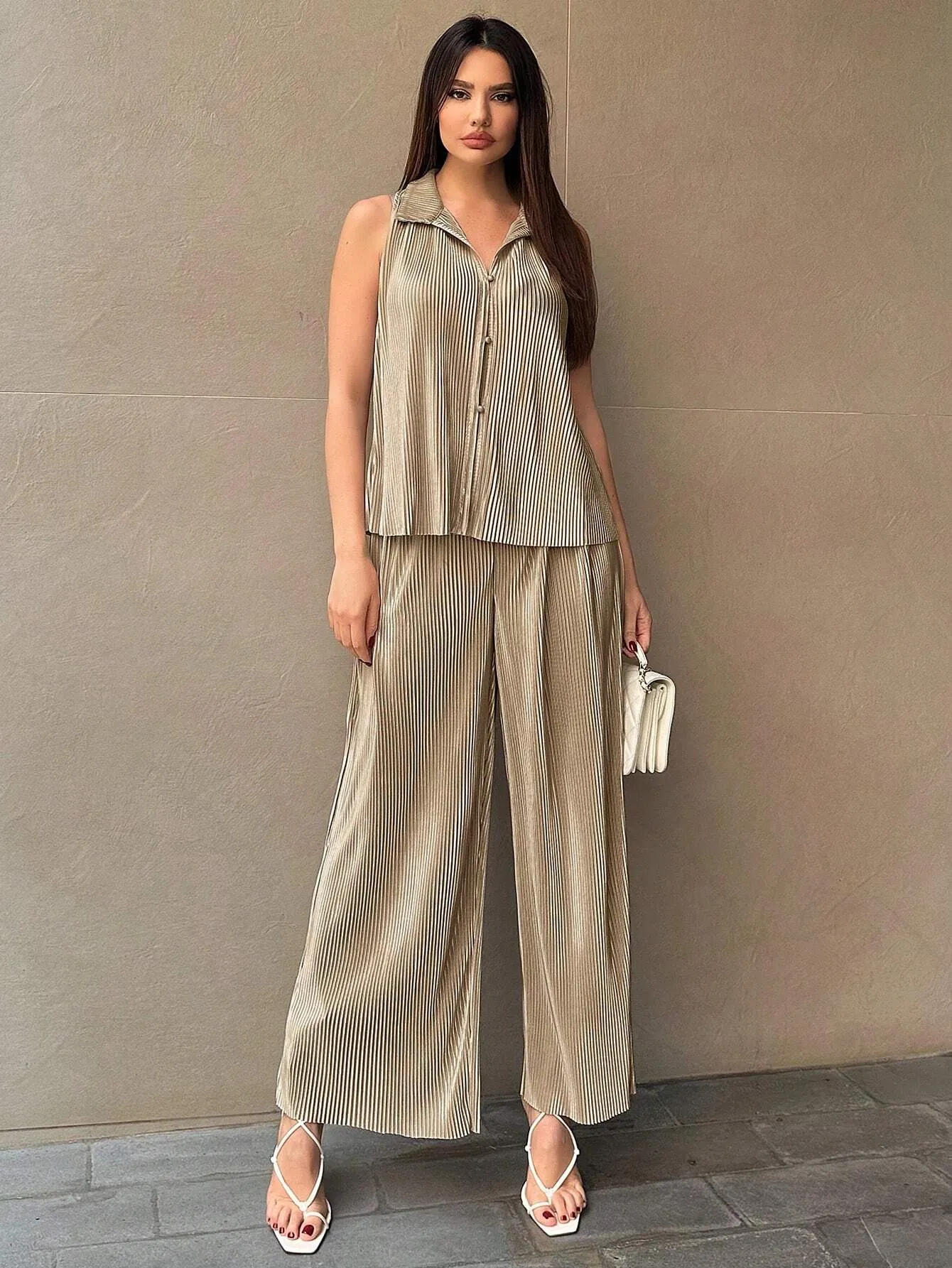 SHEIN Essnce Women's Button Front Sleeveless Top And Wide Leg Pants 2pcs/Set