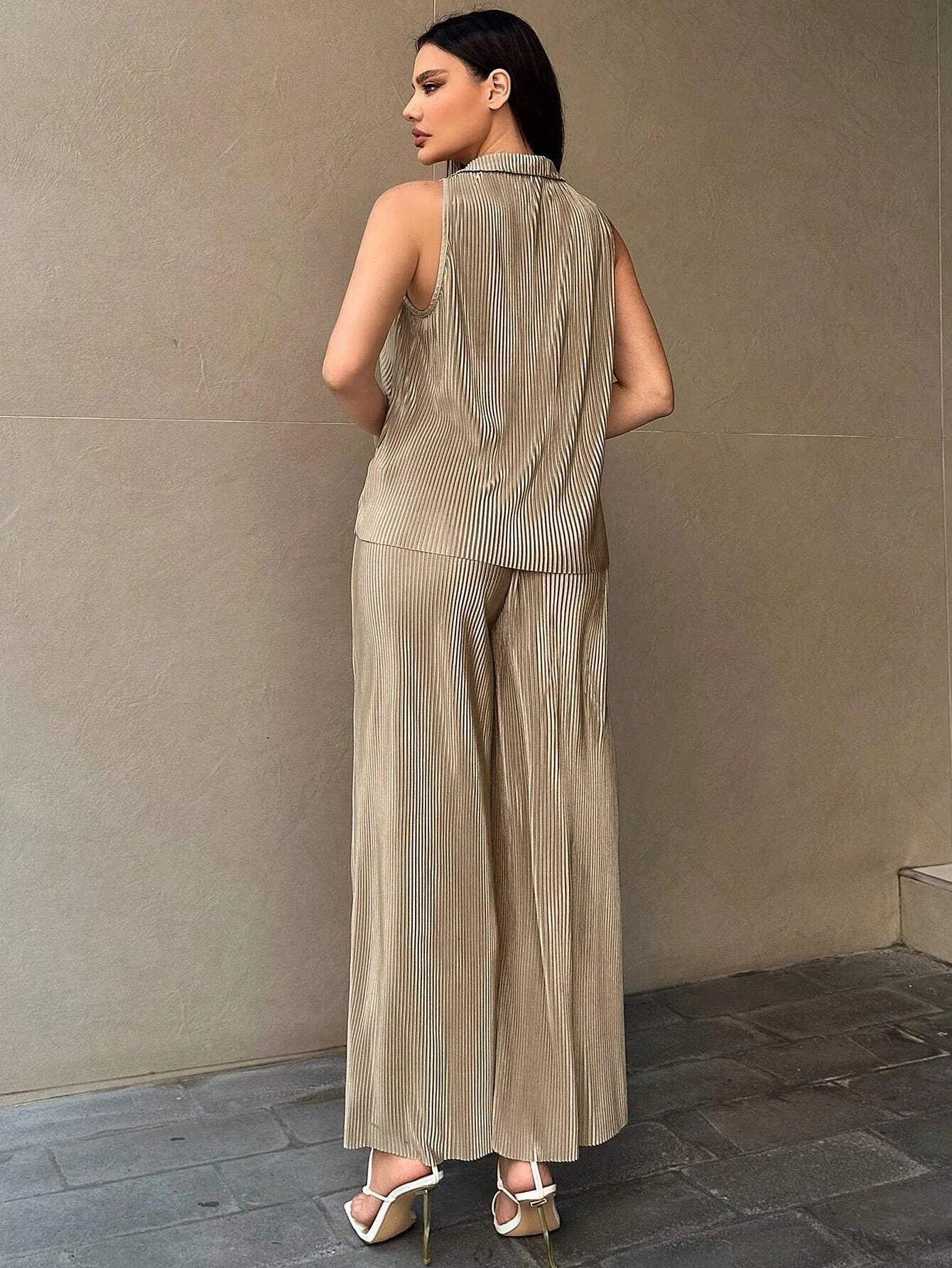 SHEIN Essnce Women's Button Front Sleeveless Top And Wide Leg Pants 2pcs/Set