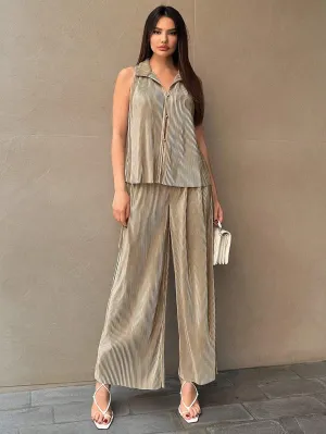 SHEIN Essnce Women's Button Front Sleeveless Top And Wide Leg Pants 2pcs/Set