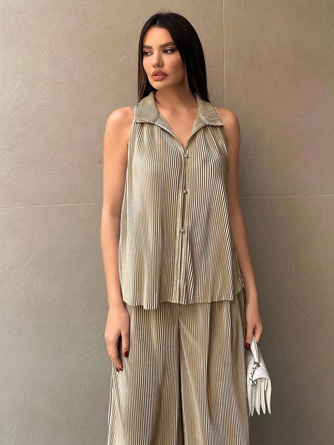 SHEIN Essnce Women's Button Front Sleeveless Top And Wide Leg Pants 2pcs/Set