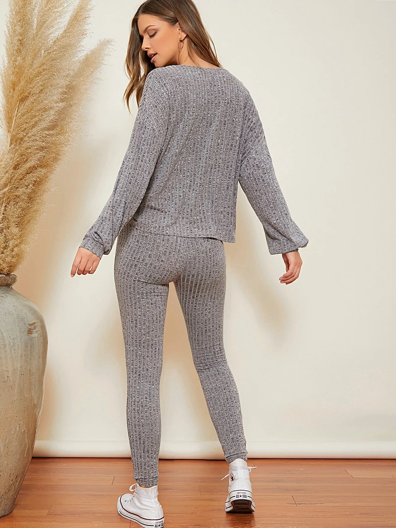 SHEIN LUNE Drop Shoulder Marled Top & Knot Waist Leggings Set