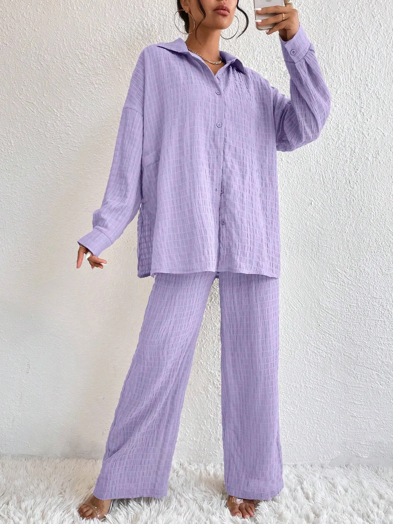SHEIN Relaxiva Drop Shoulder Shirt & Wide Leg Pants
