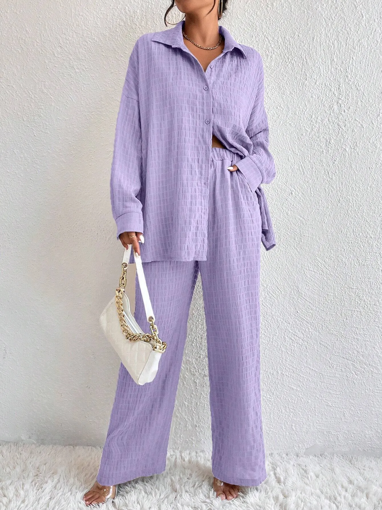 SHEIN Relaxiva Drop Shoulder Shirt & Wide Leg Pants