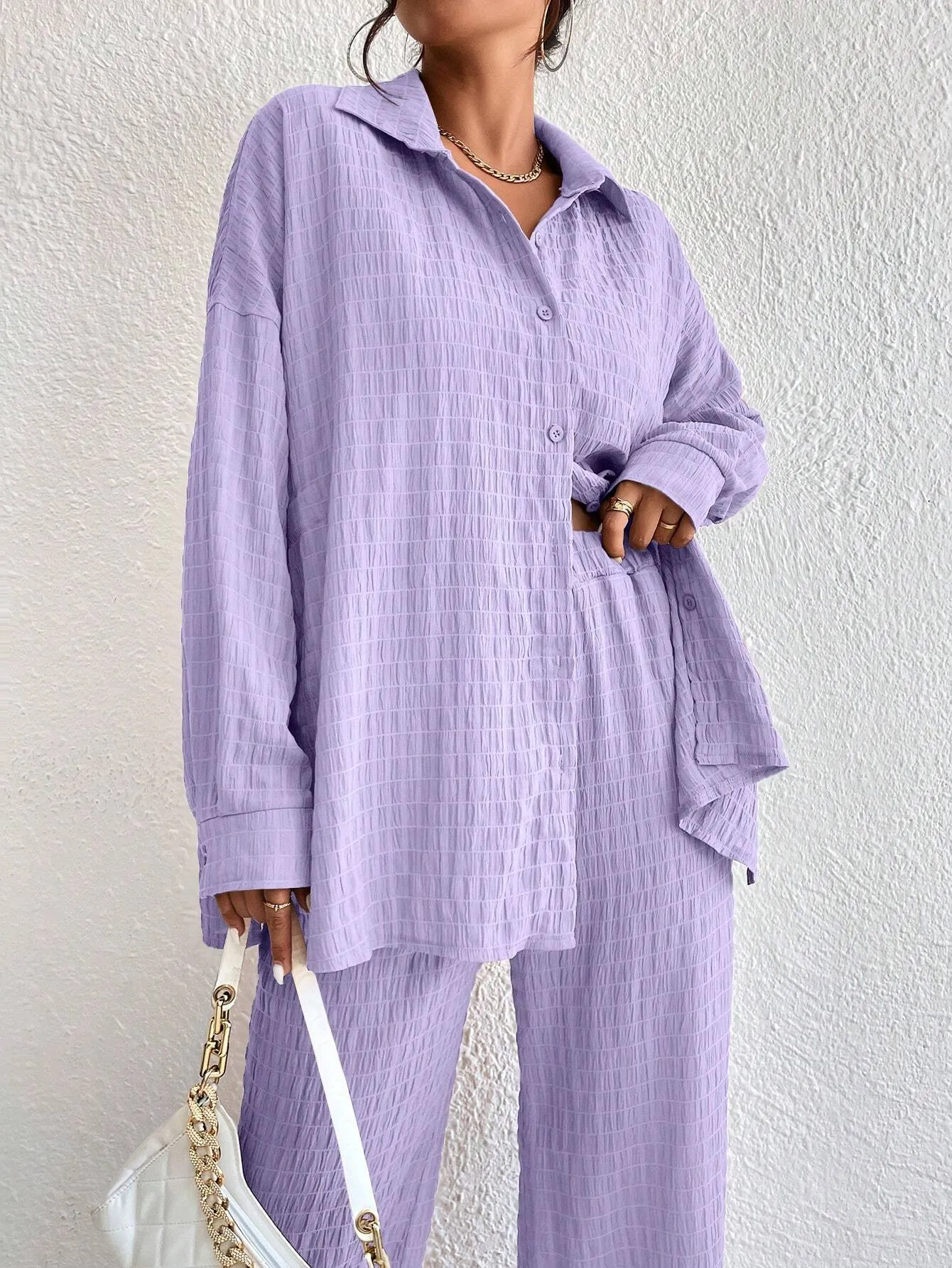SHEIN Relaxiva Drop Shoulder Shirt & Wide Leg Pants