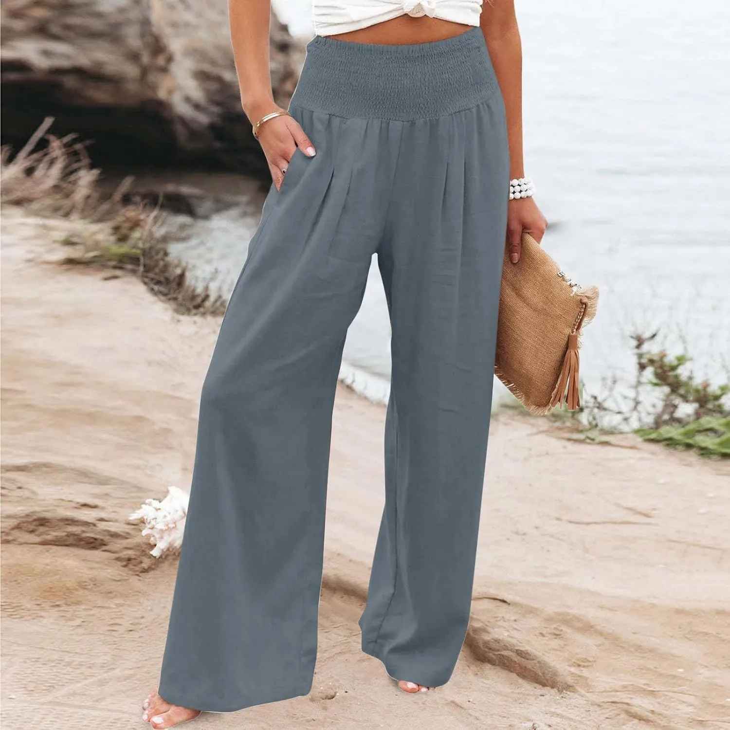 SHOPESSA Summer Pants for Women 2024 Smocked Smocked High Waisted Wide Leg Pants Lounge Palazzo Pants with Pockets