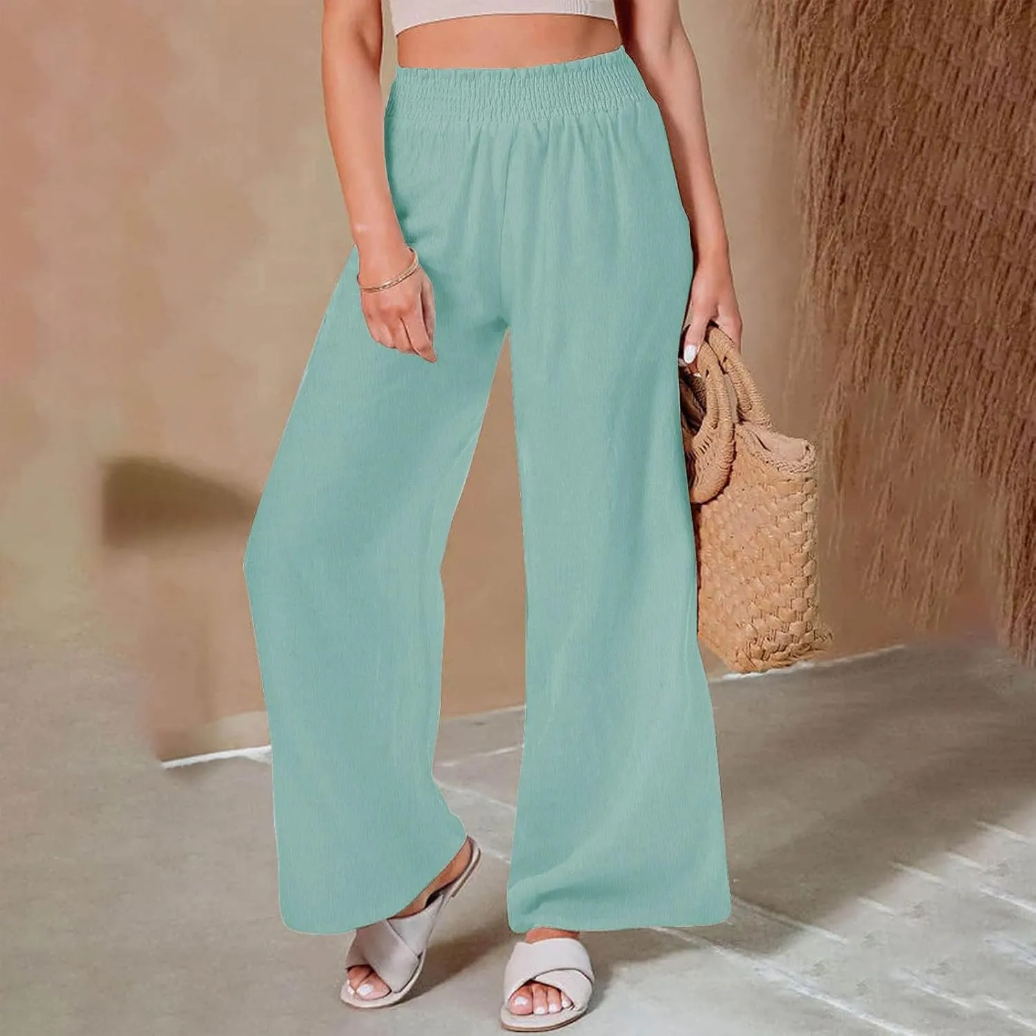 SHOPESSA Summer Pants for Women 2024 Smocked Smocked High Waisted Wide Leg Pants Lounge Palazzo Pants with Pockets
