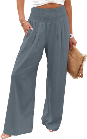 SHOPESSA Summer Pants for Women 2024 Smocked Smocked High Waisted Wide Leg Pants Lounge Palazzo Pants with Pockets