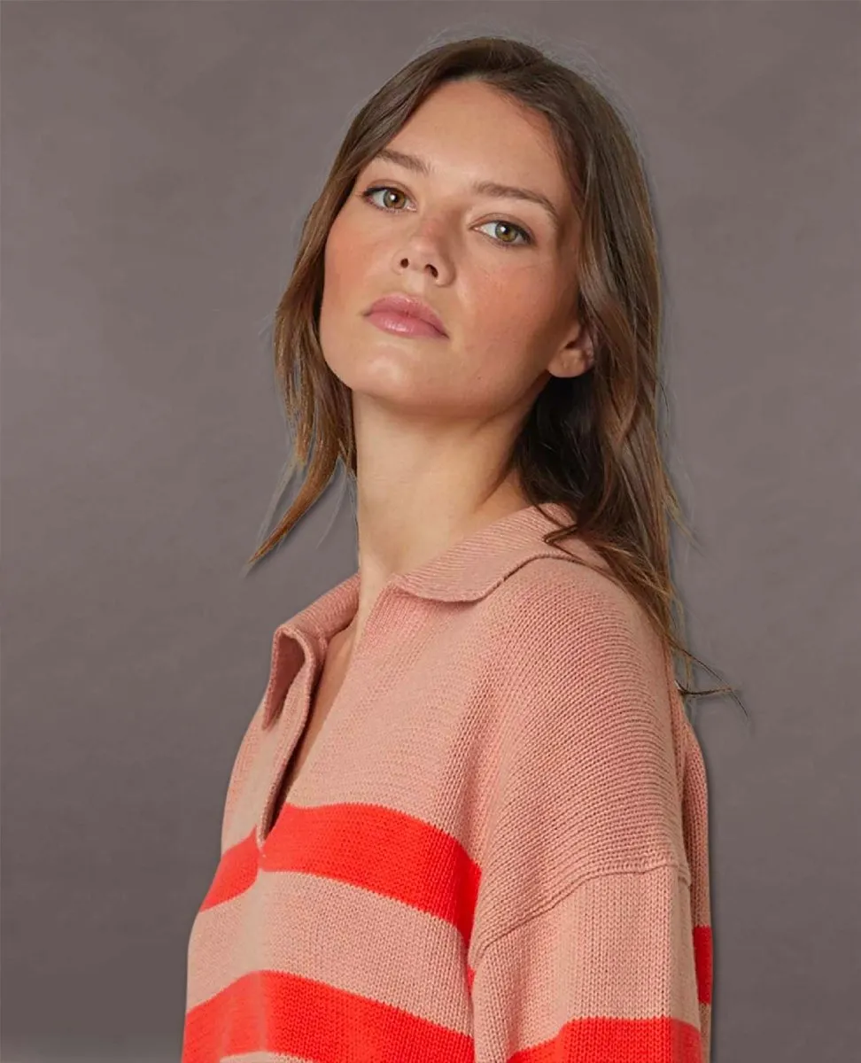 Striped Cotton Cashmere Sweater Pink Flame