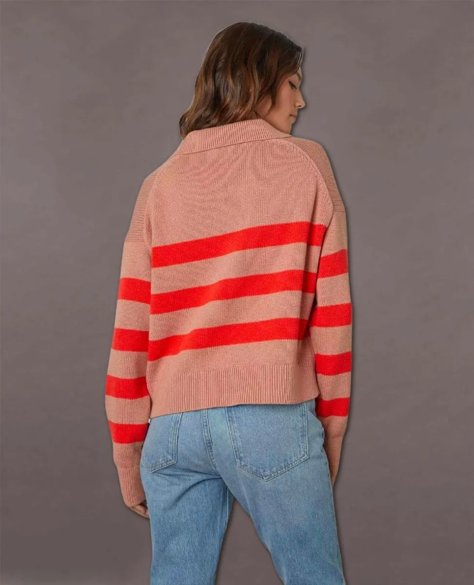 Striped Cotton Cashmere Sweater Pink Flame