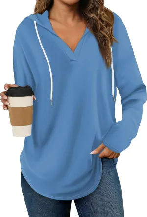 Trendy Hoodie for Women 2024 V Neck Sweatshirt Oversized Long Sleeve Pullover Outfit Drawstring Casual Outwear
