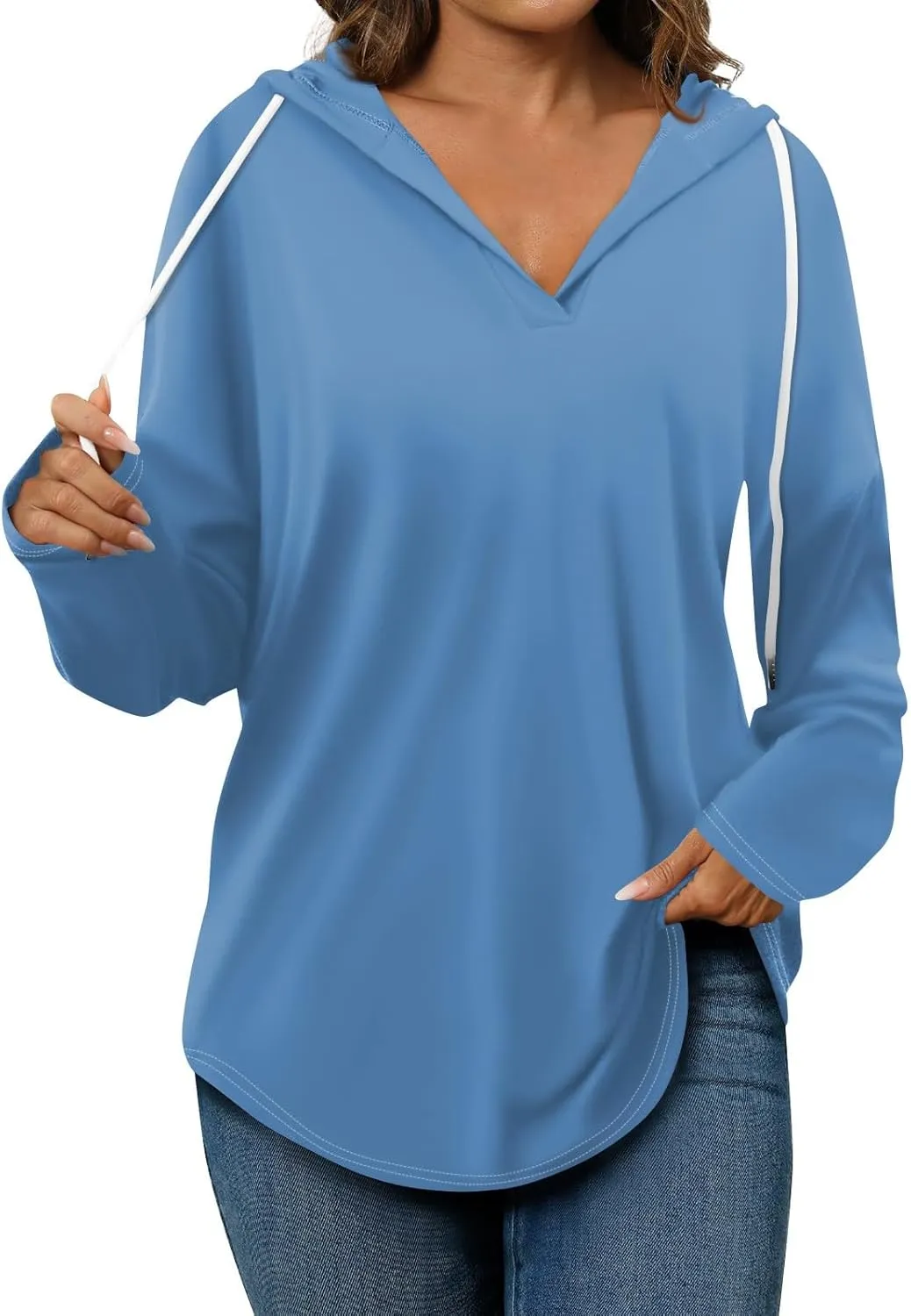 Trendy Hoodie for Women 2024 V Neck Sweatshirt Oversized Long Sleeve Pullover Outfit Drawstring Casual Outwear