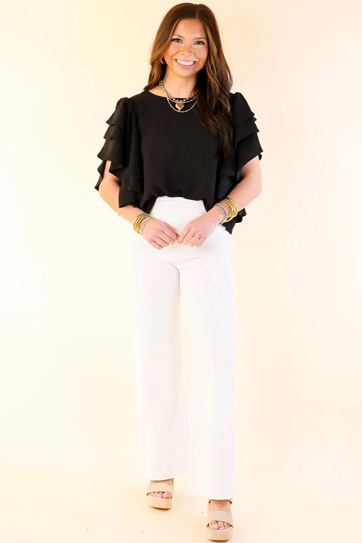 Turning Heads Multi-Tiered Ruffle Cap Sleeve Top in Black