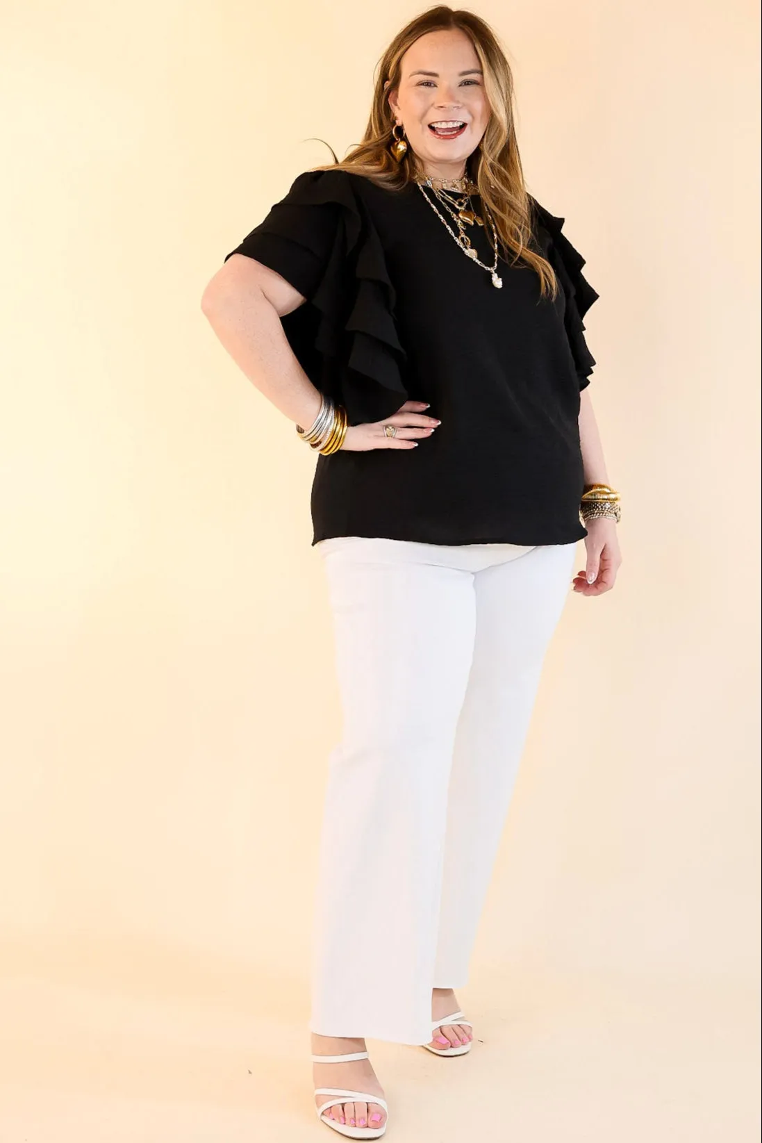Turning Heads Multi-Tiered Ruffle Cap Sleeve Top in Black