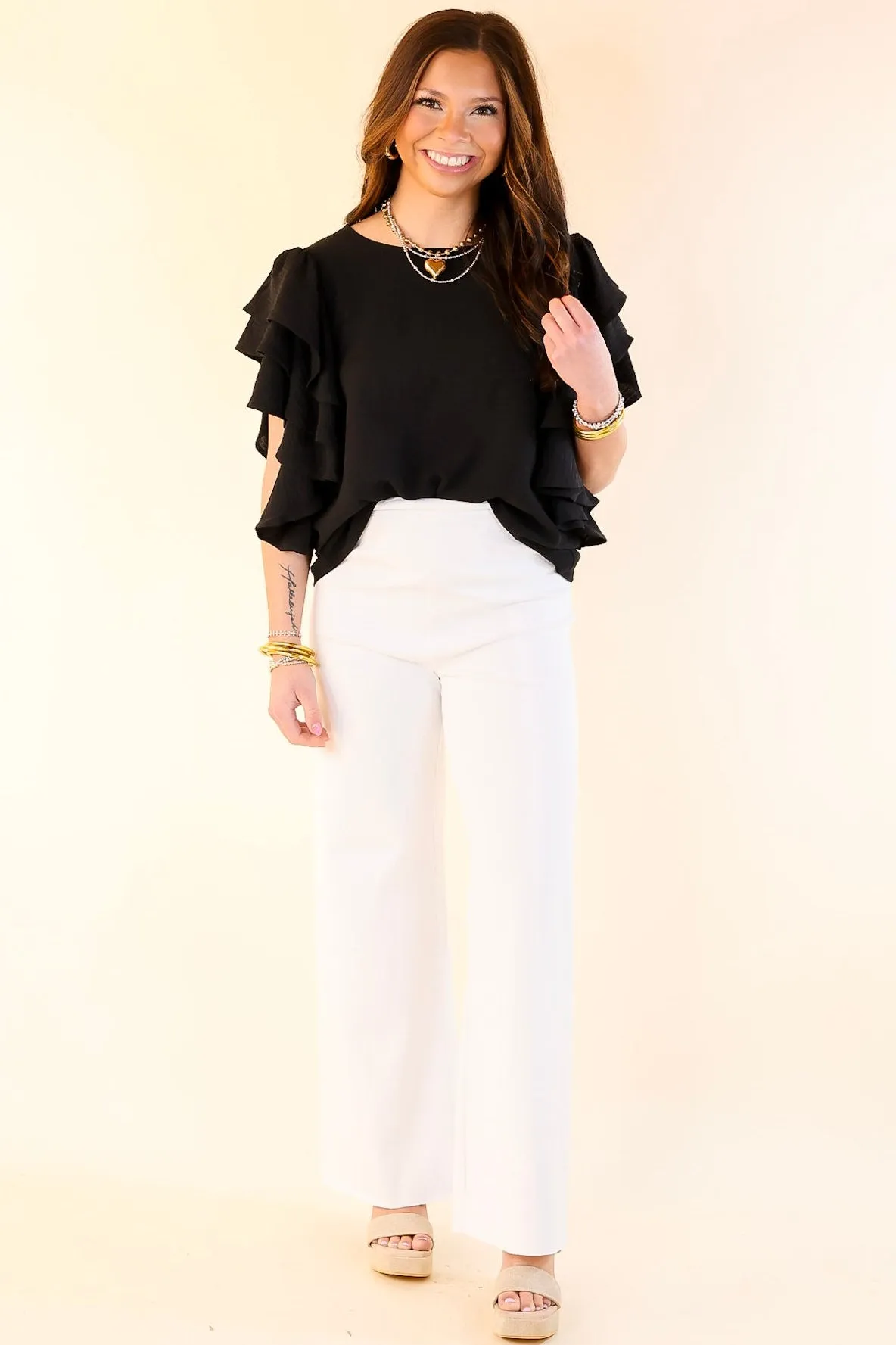 Turning Heads Multi-Tiered Ruffle Cap Sleeve Top in Black