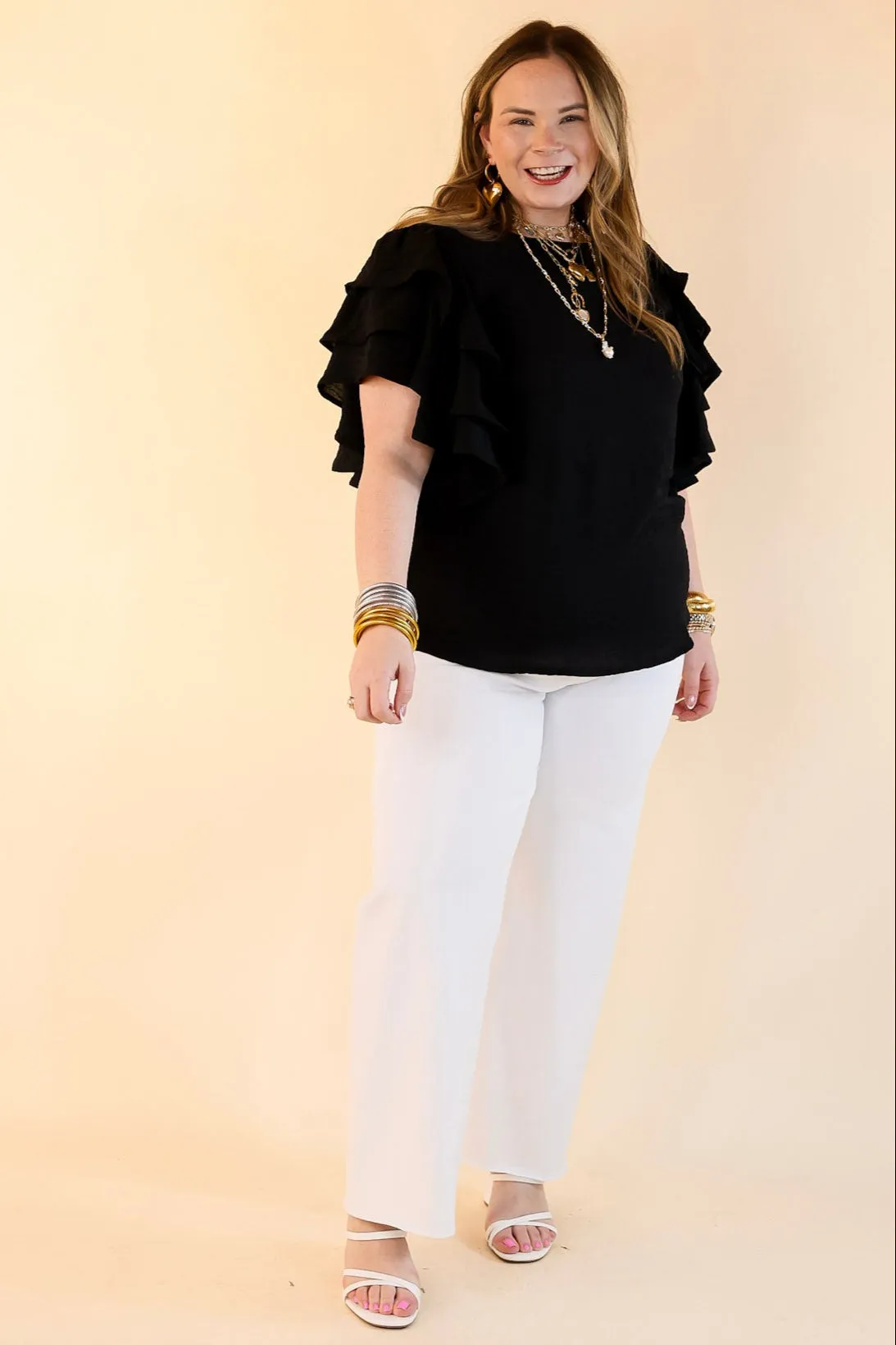 Turning Heads Multi-Tiered Ruffle Cap Sleeve Top in Black