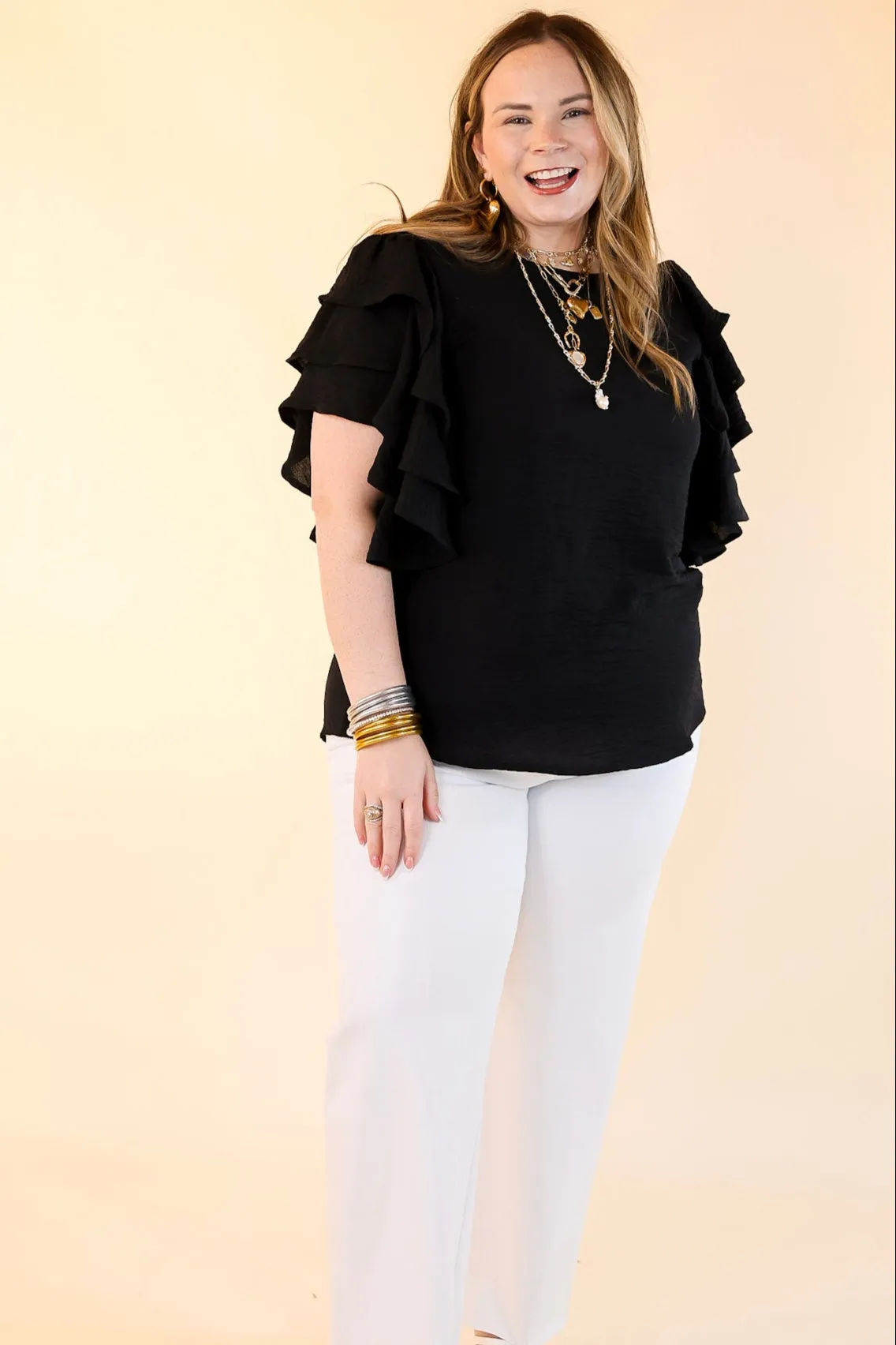 Turning Heads Multi-Tiered Ruffle Cap Sleeve Top in Black