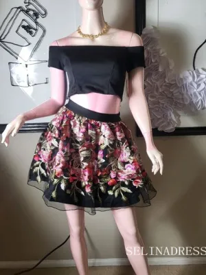 Two Pieces Floral Homecoming Dress Satin Short Prom Dress EWR415