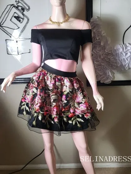 Two Pieces Floral Homecoming Dress Satin Short Prom Dress EWR415