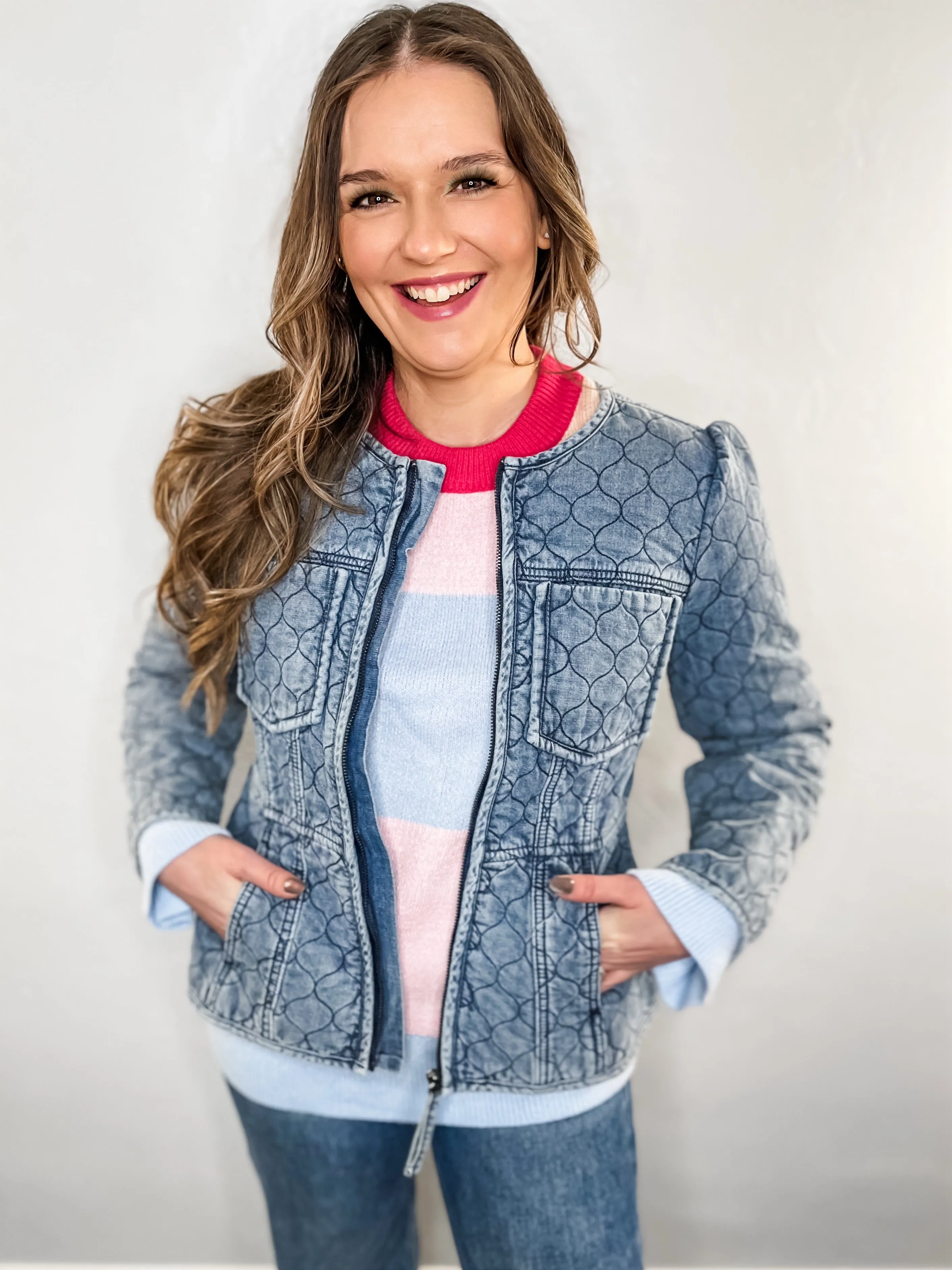 Washed Blue Quilted Peplum Jacket