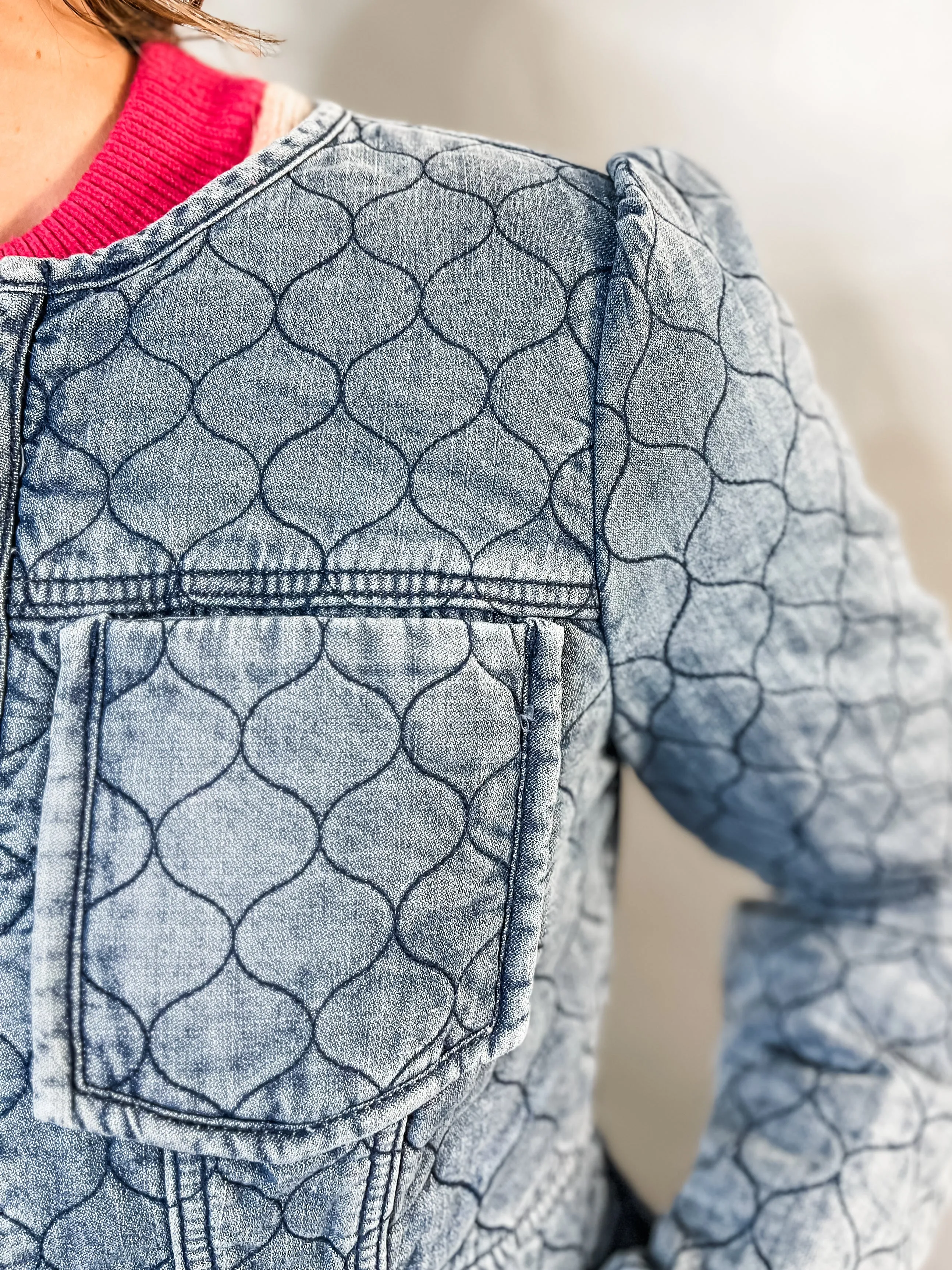Washed Blue Quilted Peplum Jacket
