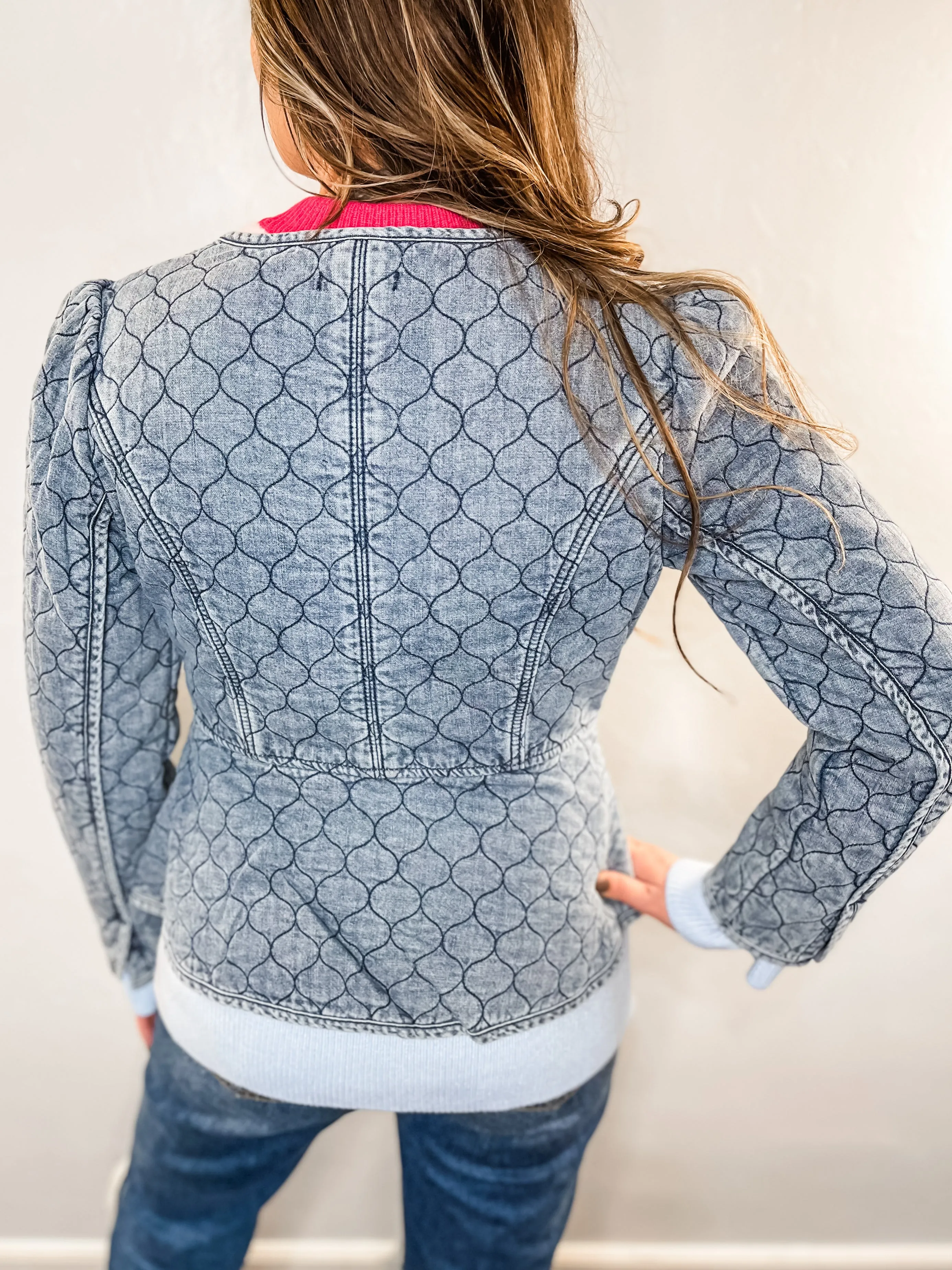 Washed Blue Quilted Peplum Jacket