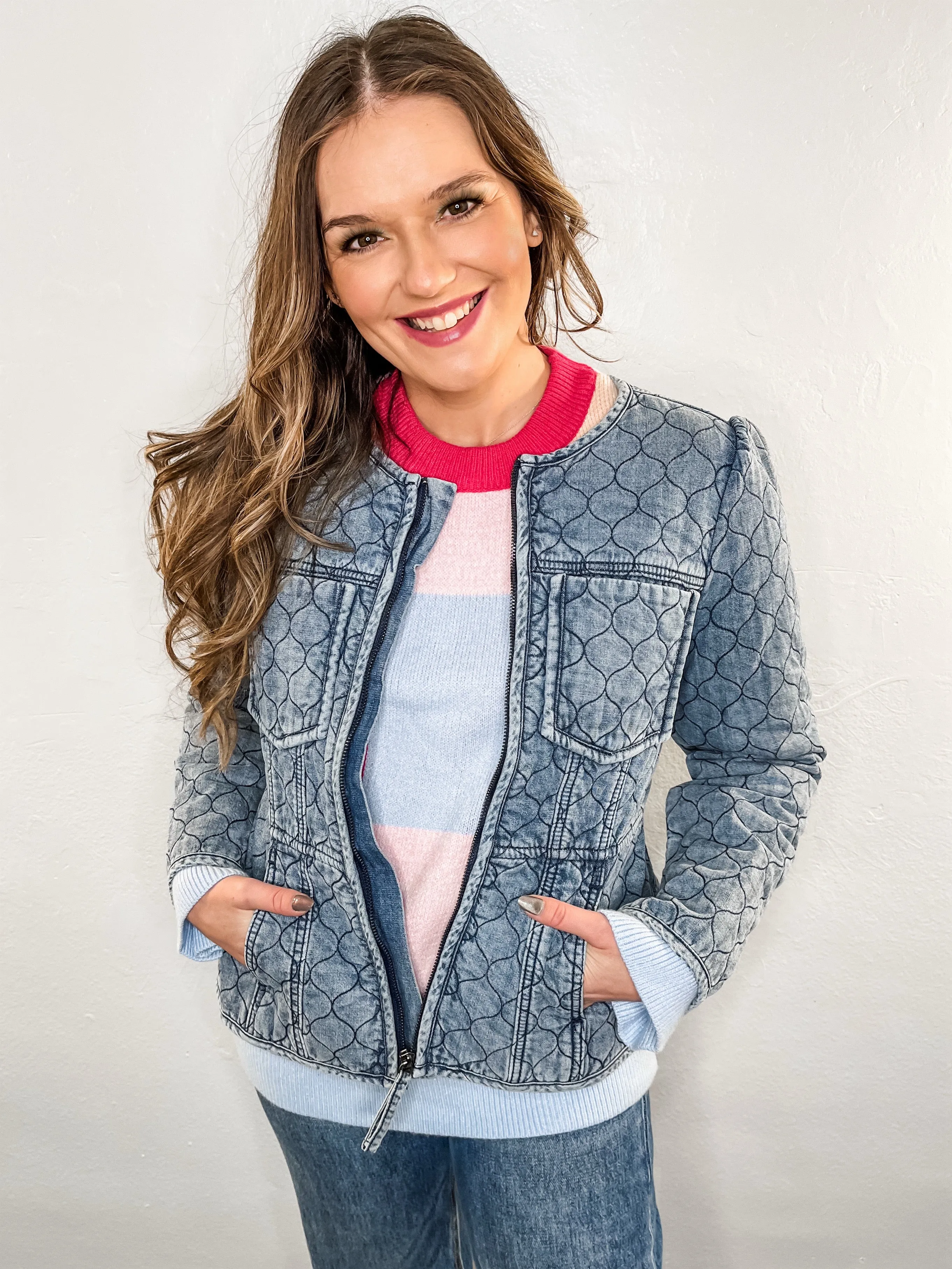 Washed Blue Quilted Peplum Jacket